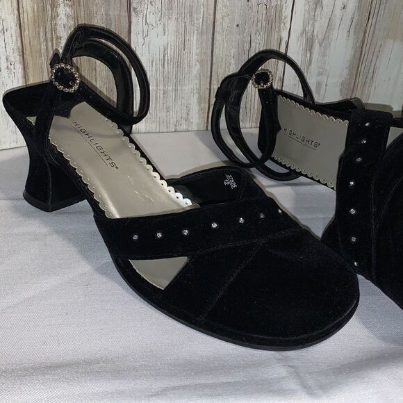 Vintage 90’s Black Velvet Square Toe Ankle Strap Chunky Heels Size 9 - Picture 11 of 16